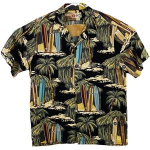 Mens XL Hilo Hattie Hawaiian Shirt Short Sleeve Black Surfboard Hut Palm Trees
